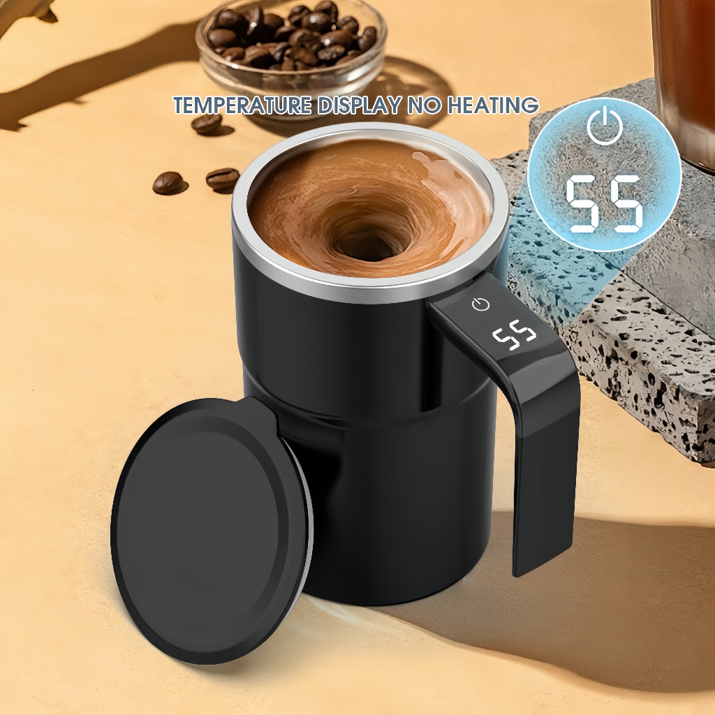 Electric self-stirring coffee mug with automatic magnetic mixing and LCD temperature display