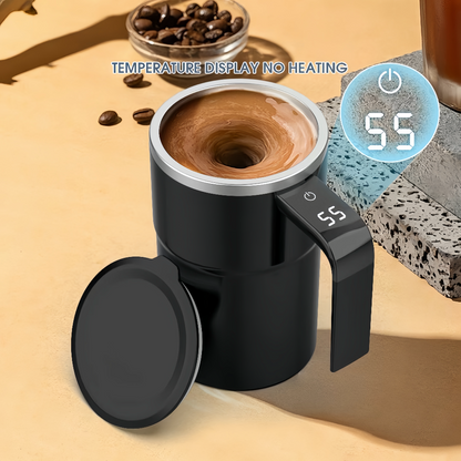 Electric self-stirring coffee mug with automatic magnetic mixing and LCD temperature display