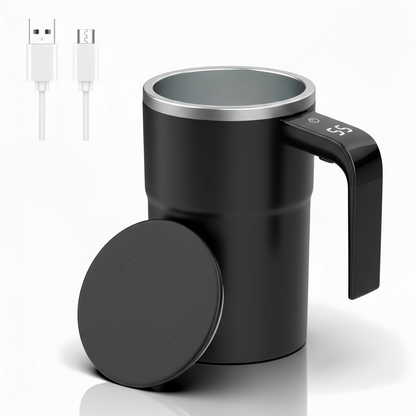 Black Electric self-stirring coffee mug with automatic magnetic mixing and LCD temperature display