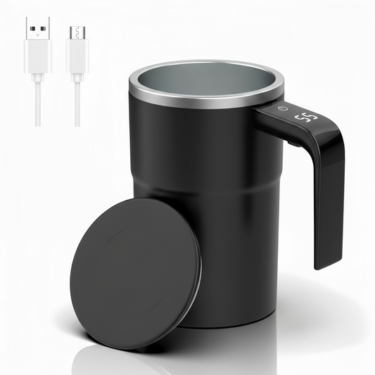 Black Electric self-stirring coffee mug with automatic magnetic mixing and LCD temperature display