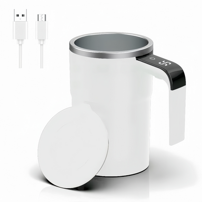 White Electric self-stirring coffee mug with automatic magnetic mixing and LCD temperature display
