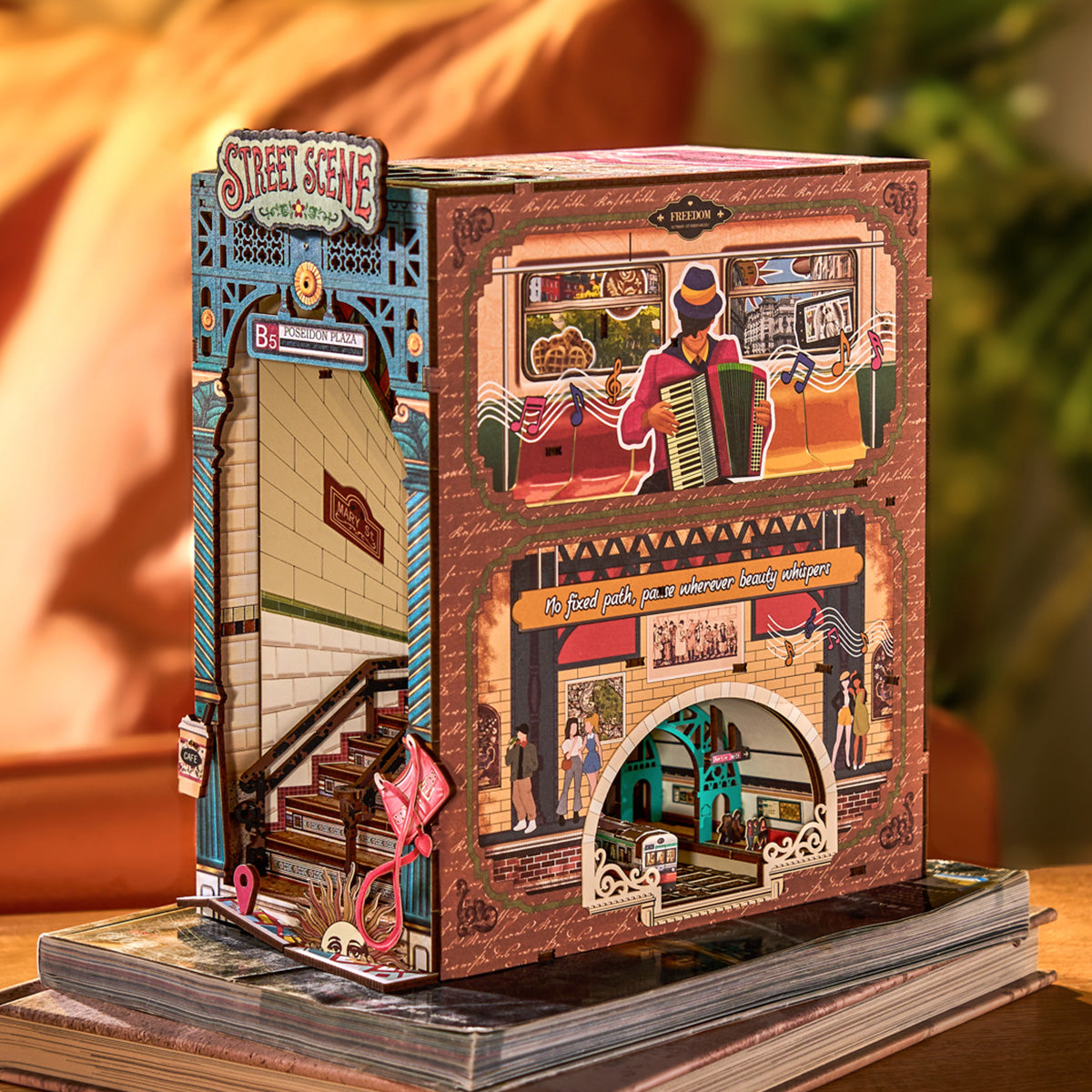 Street scene DIY book nook shelf insert with LED lighting and detailed urban miniature diorama for bookshelf decoration