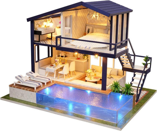 Puzzloria DIY dollhouse kit miniature apartment with LED lighting - premium craft project for adults and teens